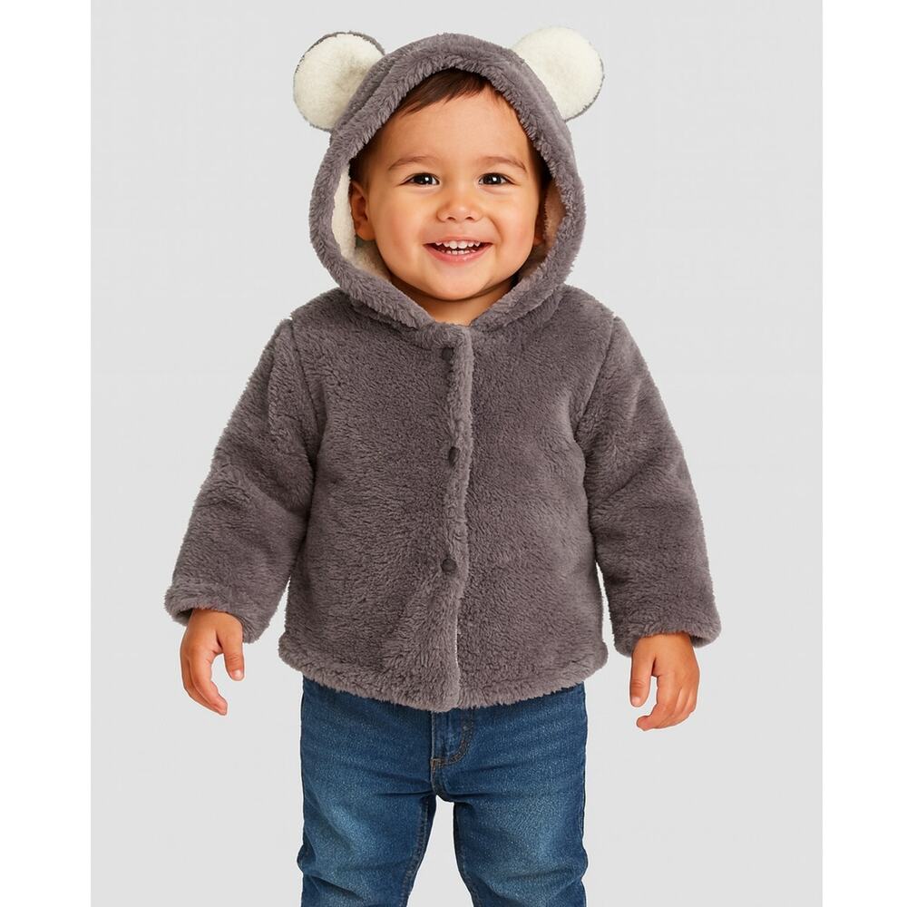 Toddler Gray Cream Faux Fur Hooded Coat 18-24M Animal Ears Tail Jacket NWOT